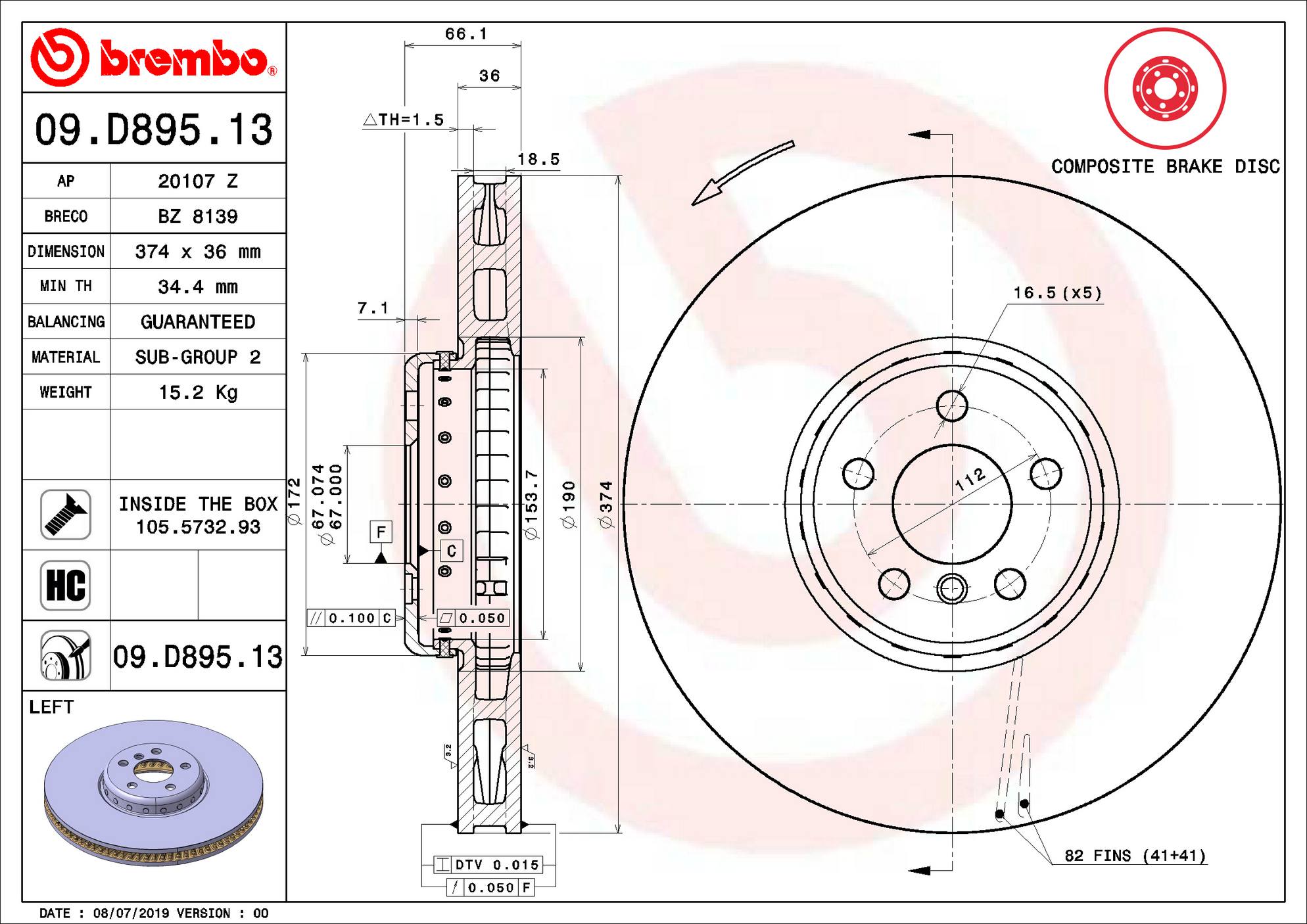 BMW Brembo Disc Brake Rotor - Front Driver Side (374mm) 34116875283